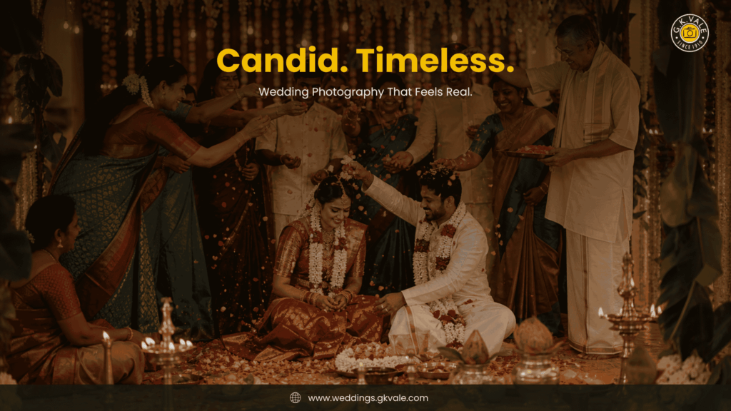Professional wedding photographer capturing candid South Indian wedding ceremony with family blessings and emotional moments.